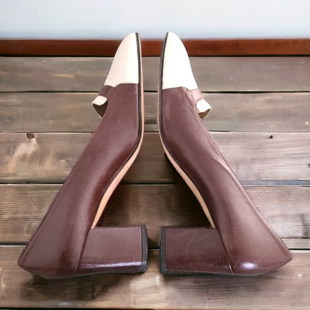VTG YSL Retro Mod Square Toe Leather Pumps 8 N Heels Brown Yves Saint Laurent - Picture 7 of 16